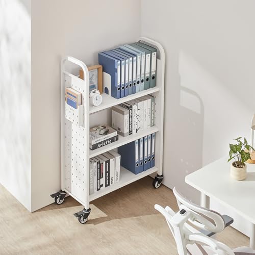 VEVOR Rolling Library Book Cart, 330 lbs Capacity, 30.3 x 15 x 48.0-Inch Library Cart, Single Sided L-Shaped Shelves with 3-Inch Lockable Wheels, Book Truck for Home Shelves Office and School, White - Image 2