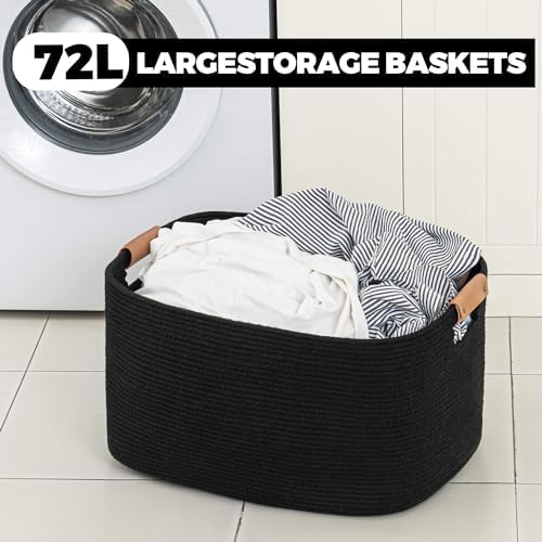 danpinera Large Blankets for Living Room, 72 L Woven Cotton Rope Baskets for Storage, Organizing Kids Toys & Dog Toys, Large Basket Organizer for Nursery, Bedroom, Bathroom, 22’’*17’’*11.8’’ Black - Image 4