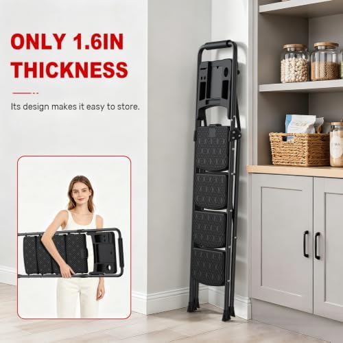 4 Step Ladder, Anautin Folding Step Stool with Tool Tray, Wide Anti-Slip Pedals, Heavy Duty Steel Step Ladder with Handrails, Portable Foldable Ladder for Kitchen Closet Garage Home 600lbs Capacity - Image 2