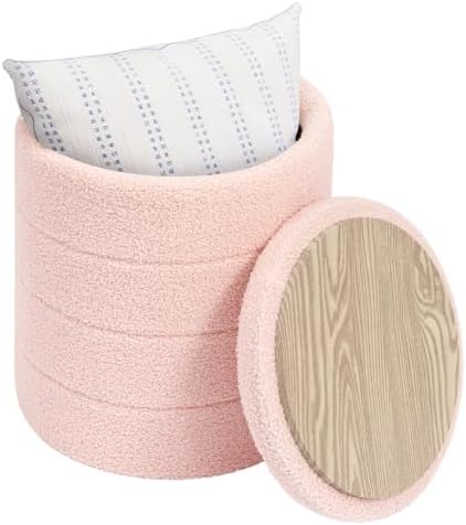 PINPLUS Compact Round Folding Storage Ottoman, Pink Boucle Footstool - Image 4