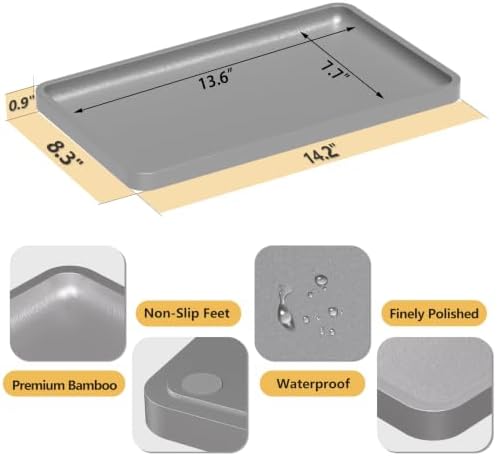Weenson Bathroom Vanity Tray for Countertop Decor Perfume Makeup Toiletries Toilet Tank, Large Bamboo Kitchen Tray for Spice Salt, Serving Tray for Food Coffee, Nightstand Candle Silver 14.2”x8.3” - Image 3