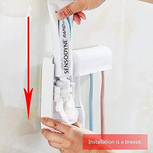 Toothpaste Dispenser and Toothbrush Holder Set, Wall Mounted Automatic Toothpaste Squeezer and Toothbrush Organizer Holder,Restroom Bathroom Accessories (5 Brushes Slots),White - Image 2