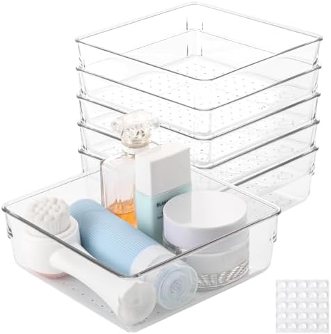 6 Pcs Large Clear Plastic Drawer Organizers Tray 6" x 6" Storage Bins with 25 Pcs Non-Slip Pads for Makeup, Jewelries, Kitchen Utensils, Bathroom and Office by Ohlove