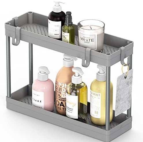 Simple Houseware 2-Tier Under Sink Organizer Storage Tray with Hooks, Grey - Image 2