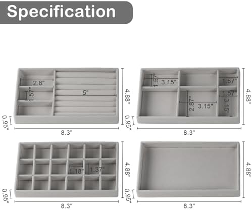 Jewelry Trays,Grey Velvet Stackable Organizer Trays,Drawer Inserts Jewelry Display Case For Rings Stud Necklaces Earring Organizer Tray for Women Girls-8 Pack - Image 3