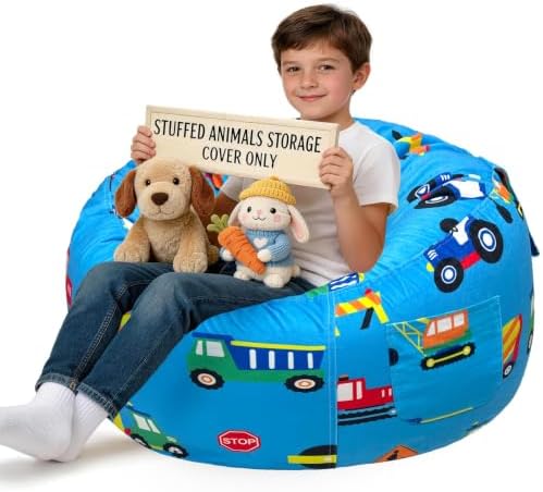 Lukeight Stuffed Animal Storage Bean Bag Chair Cover for Kids, Velvet Plush Toy Organizer Seat, Cover Only, No Filling Included, Long YKK Zipper, Side Pocket, X-Large 30"D x 18"H by Lukeight