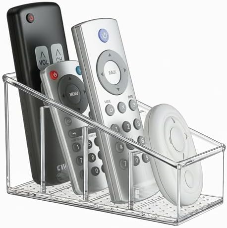 Clear TV Remote Control Holder, PET Remote Caddy with 4 Compartments, Mini Desktop Organizer for Remotes, Pens, Office Desk and Bedside by Dinceer