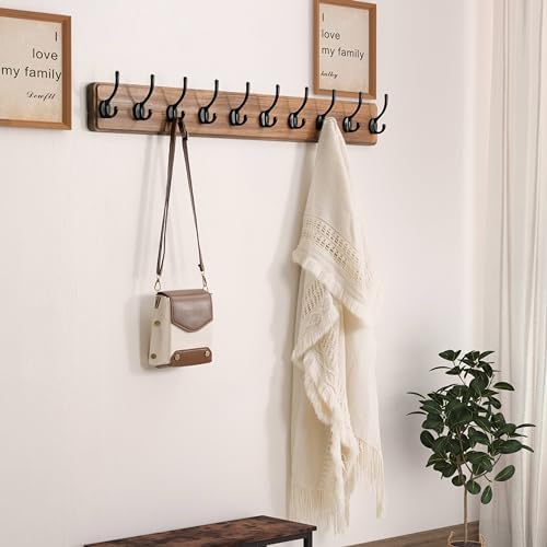 Dseap Wall Mounted Coat Rack: 38-1/4" Long, Patented, Heavy-Duty, 10-Double-Hooks Wooden Hanger Rail for Winter Coats, Hats, Jackets, Clothing - Natural & Black, Pack of 2 - Image 4