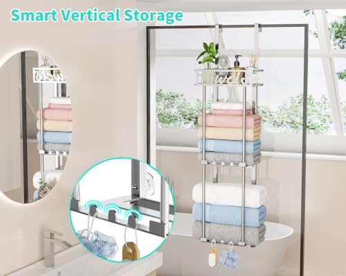 HapiRm Towel Rack Bathroom Storage - 3 Tier Over The Door & Wall Mounted Rolled Towel Racks Holder Organizer with Metal Shelf and 6 Hooks for Small Bathroom, Camper, Rv - Sliver - Image 5