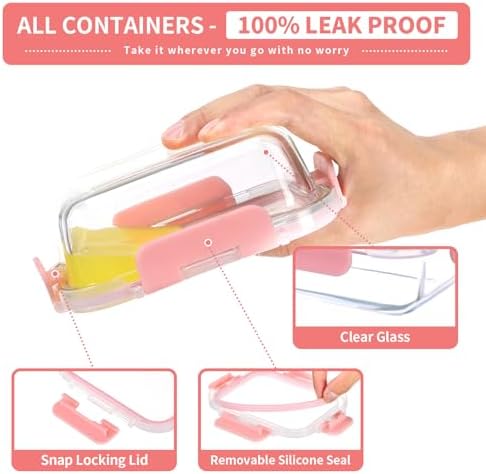 GULFLIN 12-Pack, 22oz Glass Meal Prep Containers with Lids, Pink Set - Image 3