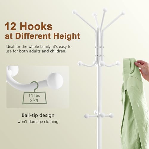Hoctieon Coat Rack Freestanding, Coat Tree with Umbrella Holder, Metal Coat Rack Stand with 12 Hooks, Standing Coat Hanger Stand, Umbrella Stand for Entryway, Hat Rack Stand for Home Office, White - Image 4