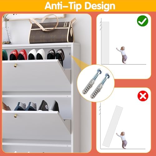 Shoe Cabinet with 3 Flip Drawers, Narrow Shoe Storage Cabinet, Farmhouse Shoe Organizer, Freestanding Organizer with Metal Legs for Entryway, Foyer (White, 3 Door) - Image 5