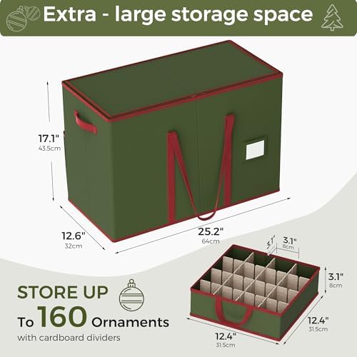 160-3” Large Christmas Ornament Storage Box, Dual Zippers, Stackable Christmas Storage Container with Lid, 6 Trays, 600D Oxford, Green - Image 3
