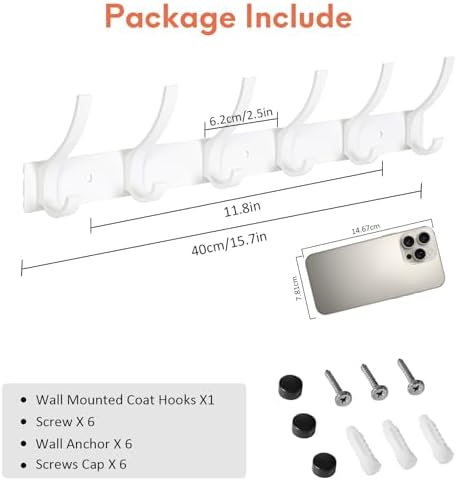 Optish Coat Rack Wall Mount, Coat Hook Wall Mount, Wall Hooks for Hanging, Hat Rack for Walls, Coats Hanger with 12 Hook, Towel Hooks for Bathrooms (2 Pack, White) - Image 2
