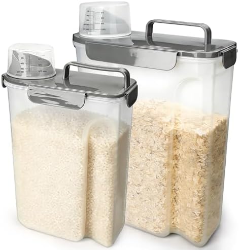 Komzon Rice Storage Containers, Airtight Cereal Containers Storage, BPA Free Rice dispenser for Flour, Pasta, Grain and Baking, Pet Dog Cat Bird Food Container 20lb+ 10lb Grey by Komzon