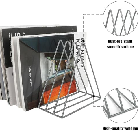EASEPRES Vinyl Record Holder Storage, 9 Slot Metal Magazine Book Album Display Rack, Stylish Triangle Desktop File Sorter Organizer for Home Office, Grey - Image 3