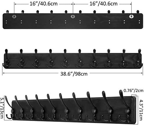 SKOLOO Coat Rack Wall Mounted - 38.3'' Long, Wooden, Heavy Duty, Rustic Coat Hooks for Wall, 16'' Hole to Hole, Wall Coat Rack with 10 Triple Hooks for Hanging Clothes, Jacket, Hat(Black) - Image 5