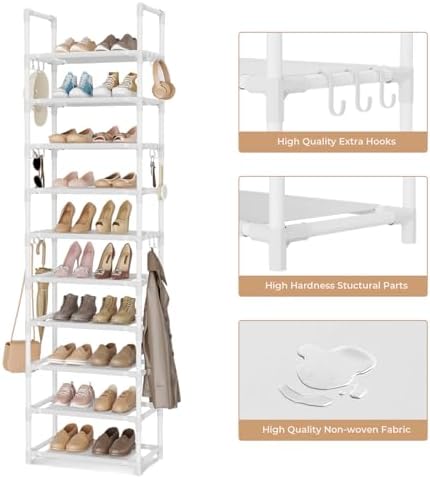 VTRIN 10 Tiers Tall Shoe Rack Holds 20-25 Pairs of Shoes Sturdy Vertical Shoe Organizer with 18pcs Hooks Stackable Narrow Shoe Rack for Closet, Entryway White - Image 4