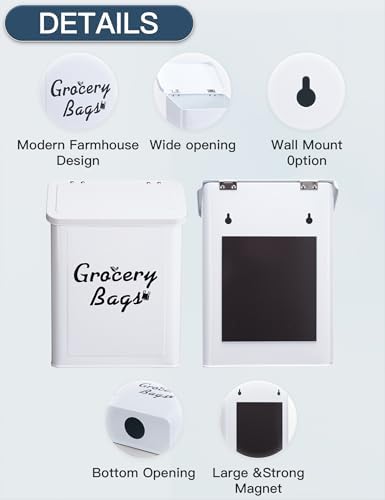 Metal White Magnetic Grocery Bags Holder, Farmhouse Wall Mount Plastic Bag Holder with 50pcs Shopping Bags, Trash Bag Dispenser for Kitchen, Garage, Laundry Room - Image 5