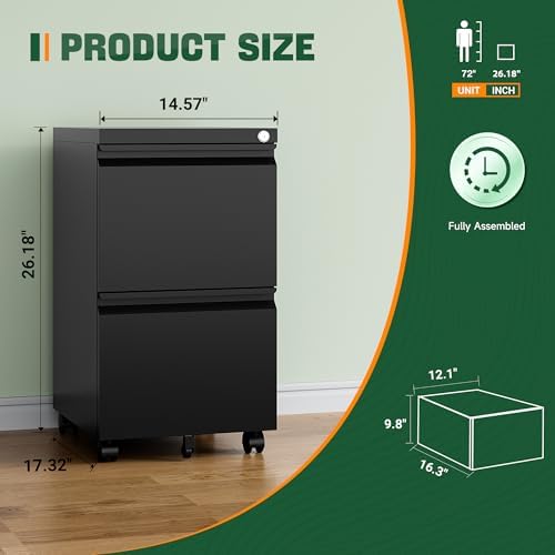 Letaya Mobile File Cabinet with Lock,2 Drawer Under Desk Metal Rolling Filing Cabinets for Home Office Organizer Letters/Legal/A4(Fully Assembled-Black) (Pack of 2) - Image 2