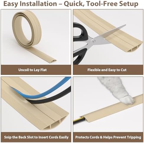 ZhiYo 4ft Floor Cord Cover, Cable Cavity 0.6" W x 0.32" H, Ivory Beige - Image 2