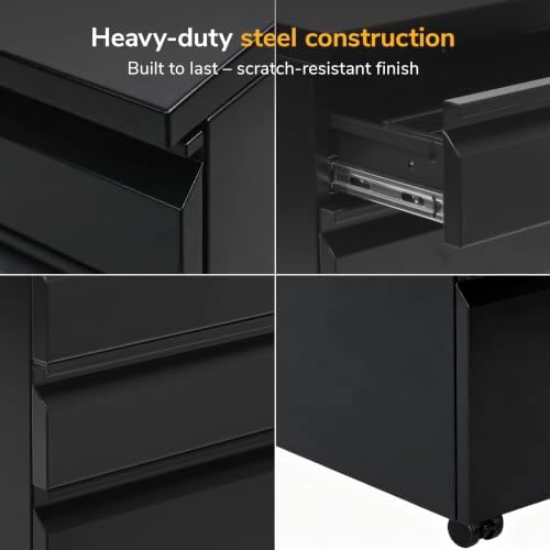 Mount-It! 3 Drawer File Cabinet with Lock and Wheels, Heavy-Duty Steel Rolling Drawer Cabinet, Fully Assembled Under Desk Filing Cabinet for Home Office Storage, 15.3" W x 19.75" D x 24.5" H, Black - Image 4