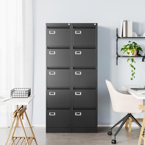 MIIIKO 5 Drawer File Cabinet, Black Vertical Filing Cabinets with Lock, Home Office File Folders Storage Cabinet for Letter Legal File Size. - Image 2