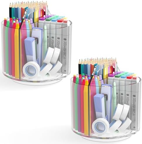 2 Pack Pen Pencil Holder for Kids, Rotating Pen Holder for Desk Organizer, 4 Compartments Art Supply Marker Organizer and Storage, Kids Desk Organizer Marker Holder Caddy Art Supply Organizer for Desk by Absonic