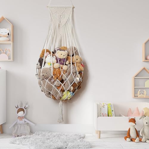 Amdermi Stuffed Animal Net or Hammock Wall Hanging Net Over Door Organizer for Stuffies Plush Toy Storage Boho Macrame Toy Display Nursery Bedroom Decor Stuffy Animal Toy Organizer (Cream) - Image 3