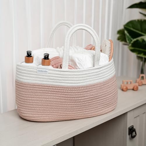 Comfy Cubs Rope Diaper Caddy Organizer - Large Baby Diaper Basket Blush - Image 6