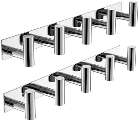 VAEHOLD Hat and Coat Wall Mount Rack - Hooks for Robes, Bags, Keys, and Towels - Bathroom Towel Hanger Organizer (Polished Chrome, “T“ Shape 5 Hooks 2 Pack) by VAEHOLD