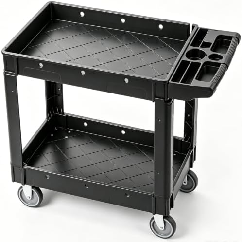 VEVOR Utility Service Cart, 2 Shelf 550LBS Heavy Duty Plastic Rolling Utility Cart, Medium Lipped Shelf, 360° Swivel Wheels, Ergonomic Storage Handle for Warehouse Garage, Black by VEVOR