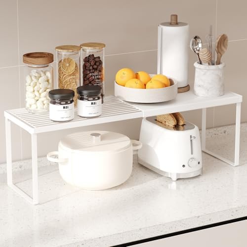Magheo Expandable Kitchen Countertop Organizer, 1 Pack Stackable Cabinet Shelf Risers, Metal Spice Rack Heavy Duty Counter Organizer Storage for Kitchen, Pantry, Cupboard, Rv (8.7in Height,White) by MAGHEO