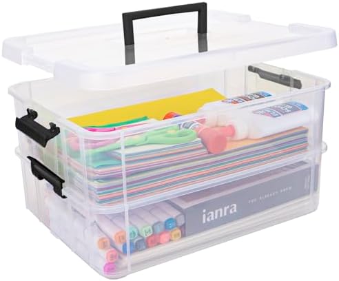 TERGOO 2 Layer Plastic Storage Containers with Lids, Multipurpose Clear Stack & Carry Box, Portable Craft Organizers and Storage Bin for Organizing Art & Craft, Sewing, Makeup, Nail Supplies (Black) by Focusonefficientstorage