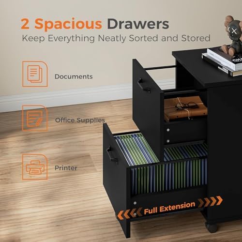 2 Drawer Filing Cabinet, Wood Rolling Filing Cabinets with Printer Stand, Under Desk Storage Lockable Wheels, Home Office Organizer for A4 Letter Legal Size Documents,Black - Image 4