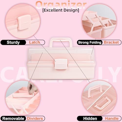TERGOO 12.5in 3-Layer Multipurpose Craft Organizers and Storage with Adjustable Dividers, Portable Tackle Box, Folding Art & Craft Case for Medicine, Tool, Sewing Organizer (Pink) - Image 6