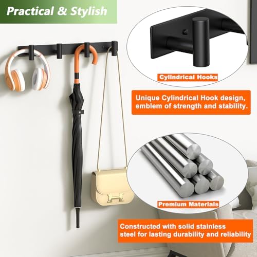 Wall Mounted Coat Rack-4 Hooks, Heavy Duty Stainless Steel Wall Hooks for Towel Coat Bag, Hat Rack Coat Hanger Coat Hooks Towel Racks for Bathroom Entryway Kitchen Hotel Office (Black, 1 Pack) - Image 5