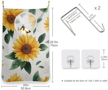 Door Hanging Laundry Hamper Bag with Free Adjustable Stainless Steel Hooks Dirty Clothes Hamper Extra Large Over the Door Laundry Hamper Yellow Sunflower 29.5X20inch 1 PCS - Image 4