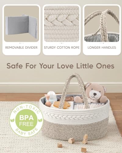 Maliton Extra Large Diaper Caddy Organizer, Cotton Rope Nursery Basket, Portable Organizer for Changing Table, Car, Diaper Storage for Baby Stuff for Newborn - Image 3