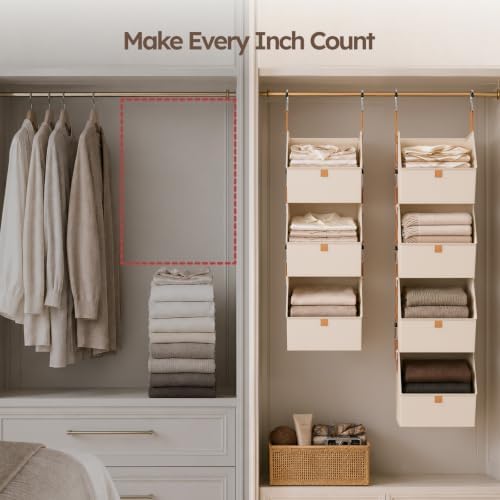 Homsorout Hanging Closet Organizer 4 Tier - Clothes Hanging Shelves, Space-Saving Closet System, Fabric Storage Bins Bedroom Organization, Collapsible Baskets for Home, Dorm, Rv, Beige - Image 4