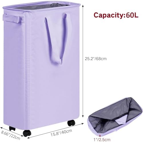 efluky Slim Laundry Hamper with Wheels, Rolling Laundry Basket for Clothes, Small Laundry Basket for Bedroom, Dorm and Laundry Room, 60L (12.7 Gallons) Purple - Image 2