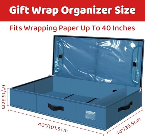 Fabspace Christmas Wrapping Paper Storage Containers, 40 Inch Gift Wrap Organizer, Visible Supplies Pockets for Xmas Accessories, Underbed Storage for Christmas Decorations, Blue - Image 2