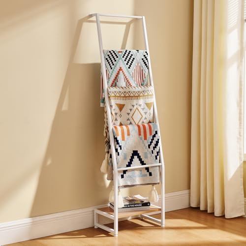 DGWJSU Blanket Ladder, 5 Tier Ladder Shelf,Wooden Blanket Ladders for Living Room and Bedroom, 5.2ft Blanket Holder Rack Farmhouse Ladder Rack for Storage and Home Decor (White) by DGWJSU