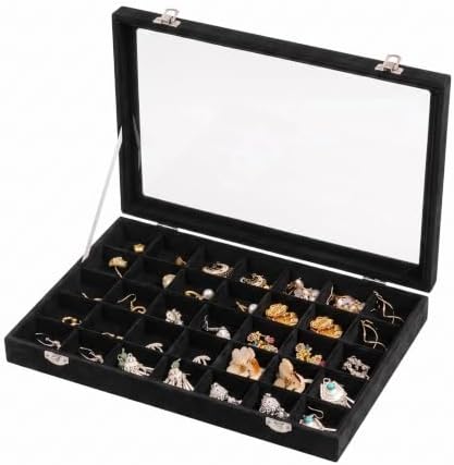 Frebeauty 35 Grid Earring Organizer,Velvet Jewelry Tray with Clear Lid by Frebeauty