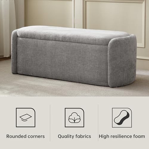 VKNOW 46" Oval Storage Ottoman Bench, Upholstered End of Bed Bench Ottomans Bench Foot Rest, Sherpa Storage Bench for Bedroom, Living Room and Hallway, Light Grey - Image 5