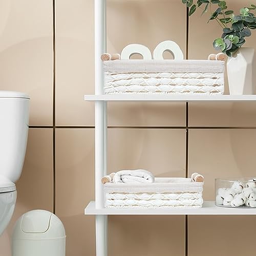 Storage Basket Wicker Baskets for Organizing with Handle Decorative Storage Bins for Countertop Toilet Paper Storage Basket for Toilet Tank Top Small Baskets Set (Set of 2,White) - Image 2