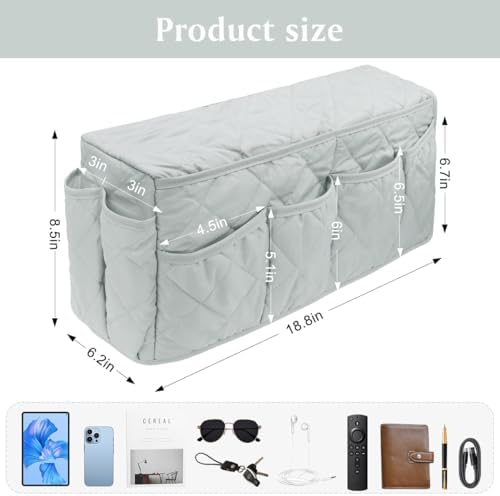 Remote Control Holder, Non Slip Bedside Armchair Caddy, Recliner Arm Caddy Armrest Organizer with 14 Pockets for Cell Phone TV Remote Control Magazines, Light Gray - Image 2