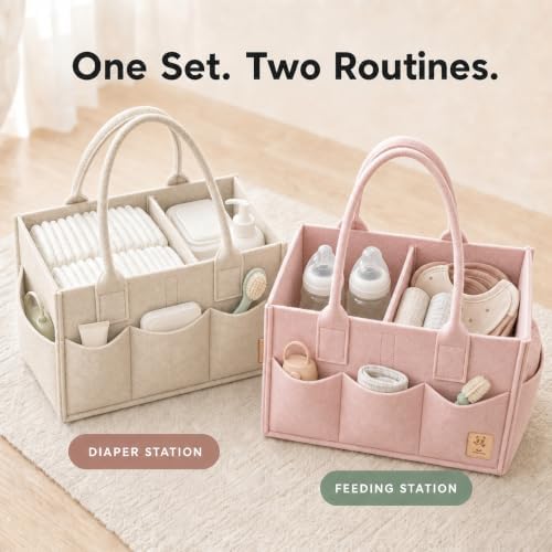 HIPHOP PANDA 2-Pack Diaper Caddy Organizer - Nursery Storage Bin & Car Organizer for Diapers, Wipes, and Baby Essentials - Dual-Color Solid Set (Pink/Oatmeal), Regular Size - Image 2