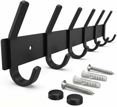 Coat Rack Wall Mount – 17 Inch Stainless Steel Hook Rail with 6 Double Coat Hooks for Hanging – Wall Mounted Entryway Organizer for Coats, Hats, Bags, Towels, Robes, Bedroom or Bathroom - Black by SAYONEYES