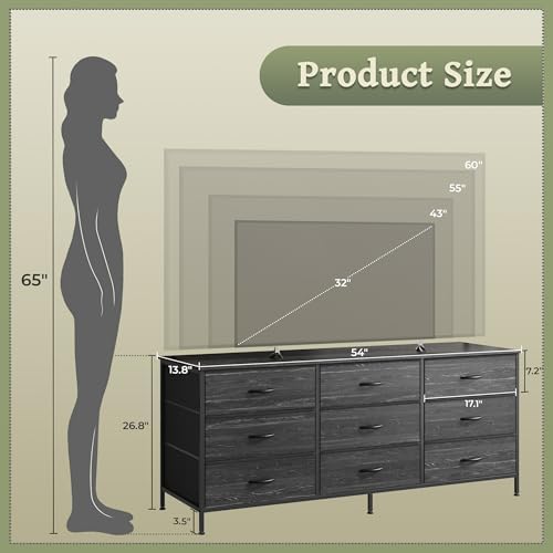 Huuger Long Dresser for Bedroom, 55 Inch TV Stand for 55, 60 Inch TV, Entertainment Center with Drawers, Large Storage, 9 Fabric Drawers Dresser for Closet, Charcoal Black Wood Grain Print - Image 3